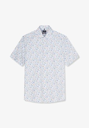 Camicia bianca a maniche corte con piccolo motivo floreale multicolore e colletto classico, mostrata stesa.