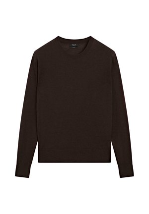 Pull marron à manches longues en tissu doux. Présente un col rond ainsi que des poignets et un ourlet côtelés. Design épuré et minimaliste.