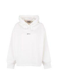 Felpa bianca in misto cotone. Presenta un cappuccio con coulisse e un piccolo logo nero sulla parte anteriore. Polsini e orlo a costine. Design casual.