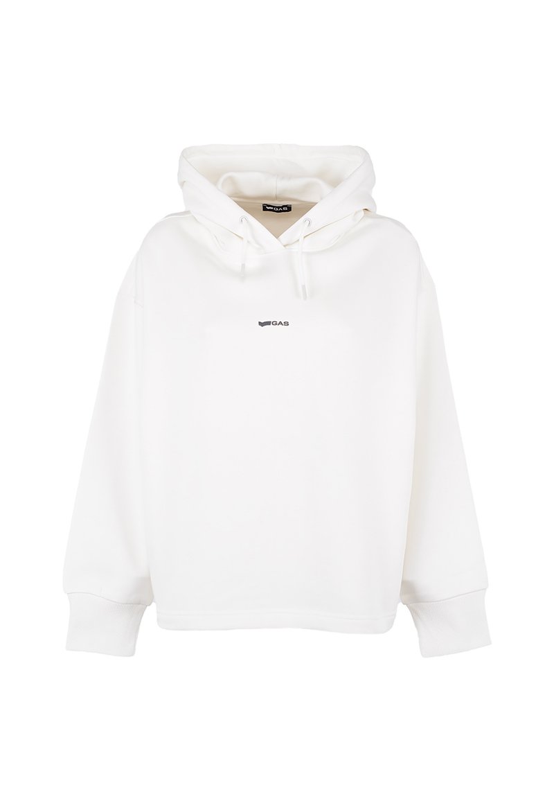 Felpa bianca in misto cotone. Presenta un cappuccio con coulisse e un piccolo logo nero sulla parte anteriore. Polsini e orlo a costine. Design casual.