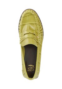 Green loafers made from glossy faux-crocodile leather, featuring stitch accents and a textured surface, with a rounded toe and slip-on design.