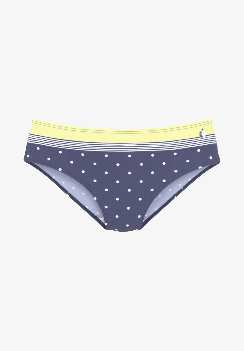 Bas de bikini à pois navy avec une ceinture rayée jaune ; texture lisse, design classique, avec des pois blancs et un petit détail de logo.