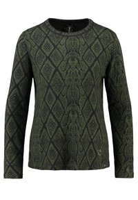 Langärmliger grüner Pullover mit einem Rautenmuster, strukturiertem Stoff, rundem schwarzen Ausschnitt und einem kleinen Herzelement near dem Saum.