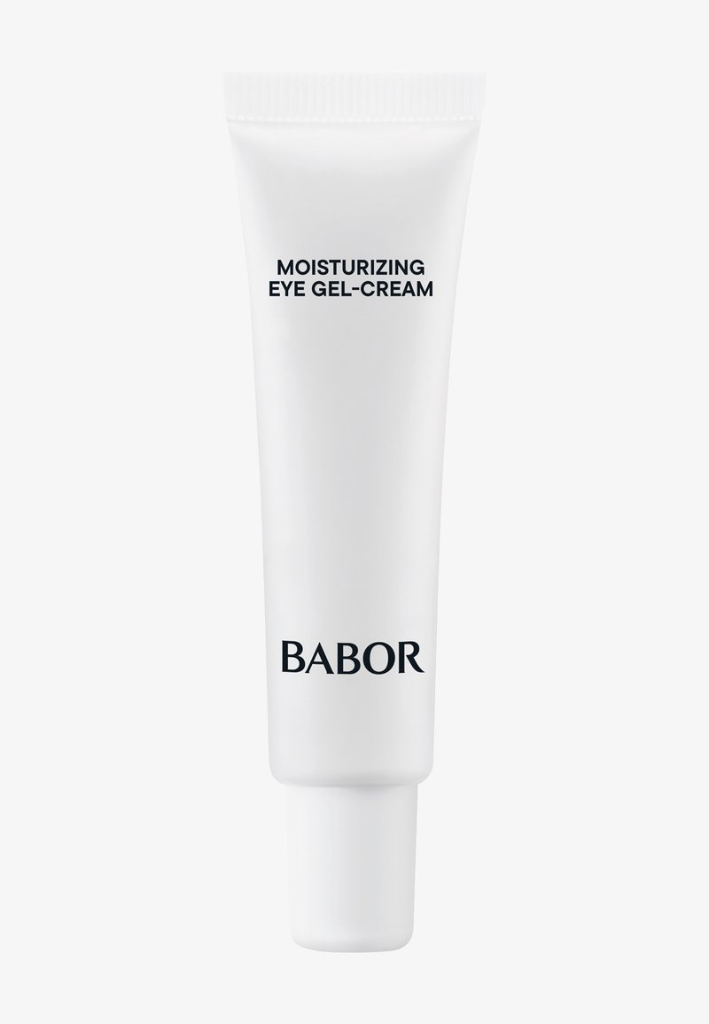 Hvid tube med BABOR fugtgivende øjen-gel-creme med sort tekst på en lys baggrund, designet til hudpleje omkring øjnene.
