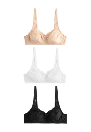 Trzy biustonosze z koronką w kolorach beżowym, białym i czarnym z regulowanymi ramiączkami, ułożone pionowo na białym tle.