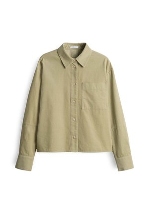Light olive green long-sleeve button-up shirt with pointed collar and single chest pocket on a white background.