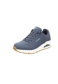 Dunkelblaue Sportschuh mit einem Obermaterial aus Netzgewebe, durchlöchertem Design, gepolstertem Schaft, Schnürverschluss und weißer Zwischensohle mit Luftpolsterung, Gummisohle.