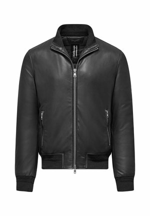 Zwarte leren bomberjack met een rits aan de voorkant, geribde kraag en manchet, en zijrits zakken, met een gladde textuur en minimale details.
