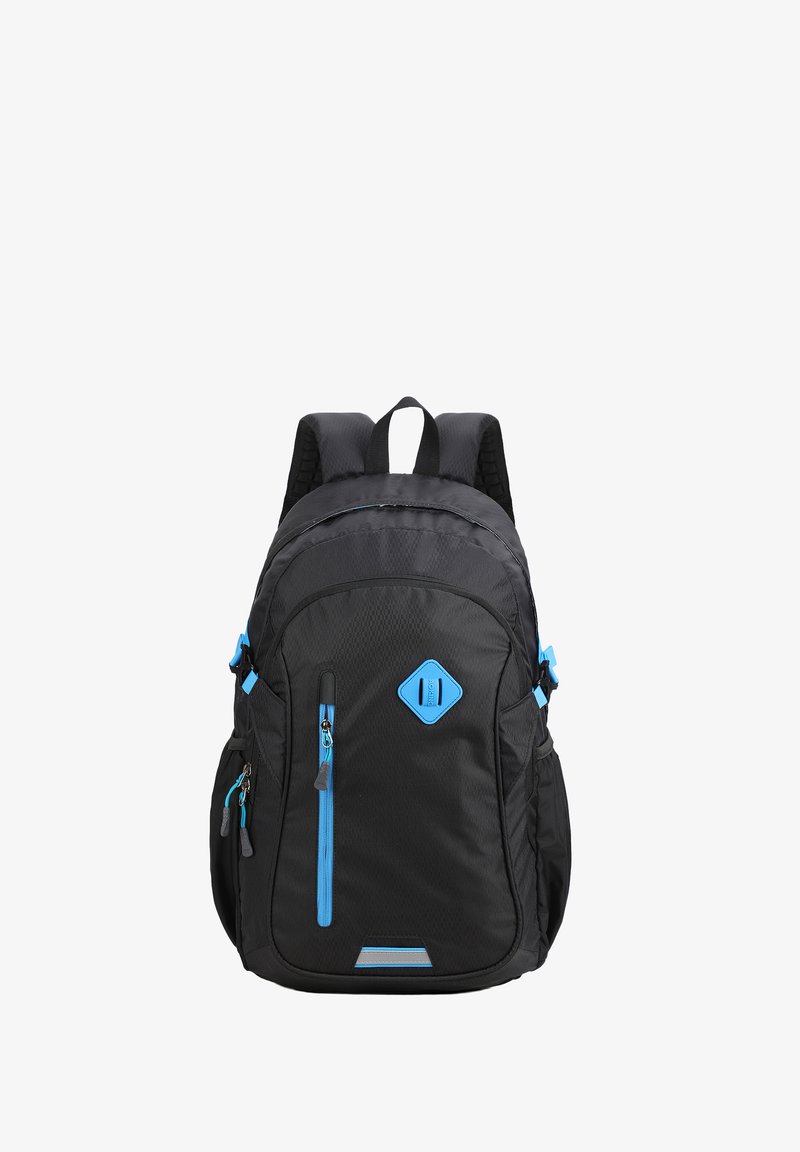 Sac à dos noir avec plusieurs compartiments, fermetures éclair bleues et poches latérales, conçu pour un usage quotidien et les activités en plein air.