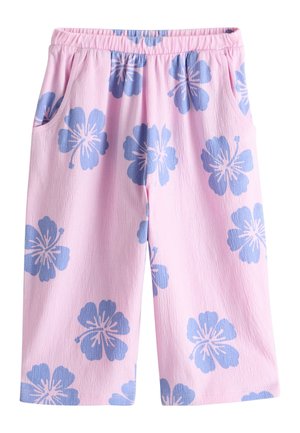 Rosa verkürzte Hose mit elastischem Bund und großen blauen Hibiskusblumen-Mustern, mit Seitentaschen und strukturiertem Stoff.