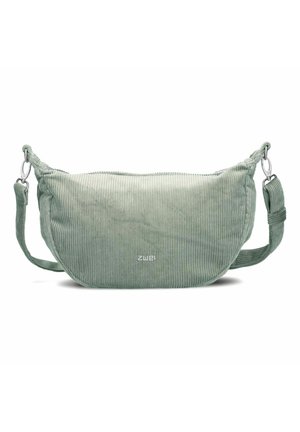 Bolso bandolera de pana verde claro con correa ajustable, cierre de cremallera y pequeño logo plateado en el centro frontal.
