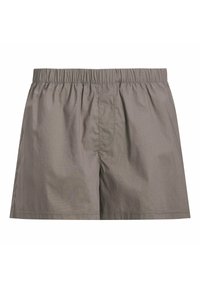 Shorts en coton gris avec une taille élastique, une seule poche frontale et un tissu léger. Texture lisse et design décontracté.