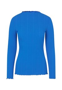 Crop top a maniche lunghe a coste di colore blu vivace, con scollo e orlo ondulati. Realizzato in tessuto texturizzato, il design aderente esalta la silhouette.
