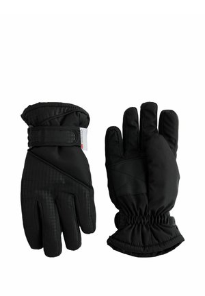 Par de guantes de invierno negros aislados con correas ajustables en la muñeca y puños elásticos para un ajuste seguro, mostrados sobre un fondo blanco.
