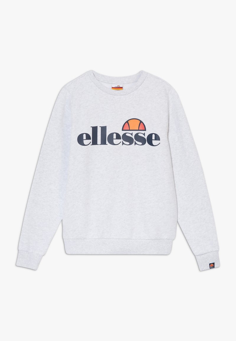 Hellgrau Sweatshirt mit langen Ärmeln und navyfarbenem "ellesse"-Logo sowie orangefarbenem Halbbogen-Grafik in der Mitte der Brust.