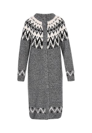 Pilkos megztos švarkas su apvalia kaklo iškirpte, turintis balto ir juodo zigzago raštą viršutinėje dalyje ir rankogaliuose. Priekinis mygtukų užsegimas.