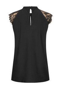 Top noir sans manches avec des accents en dentelle sur les épaules, fermeture à l'arrière en forme de trou de serrure, tissu lisse et coupe décontractée.
