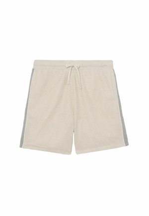 Beige atletiske shorts i netstof med elastisk taljebånd, snøre og sorte lodrette striber på siderne.