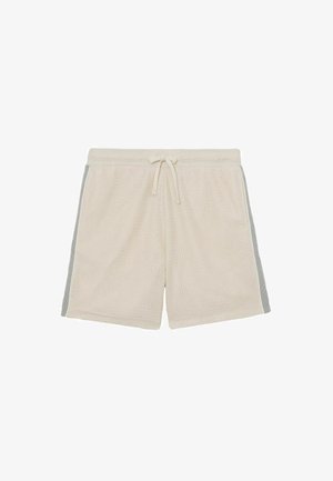 Beige atletiske shorts i netstof med elastisk taljebånd, snøre og sorte lodrette striber på siderne.