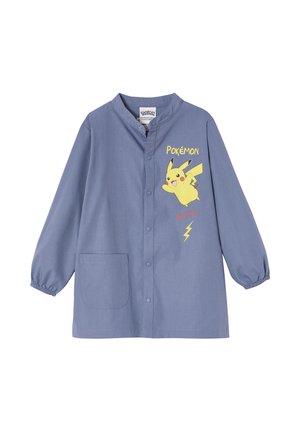 Blue long-sleeve button-up shirt with Pikachu graphic, Pokémon logo, elastic cuffs, and one front pocket.