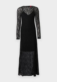 Črna obleka iz čipke z dolgimi rokavi, izrezom v obliki črke V in prozorno teksturo. Ponaša se z oprijetim zgornjim delom in tekočo, plastno krilo.