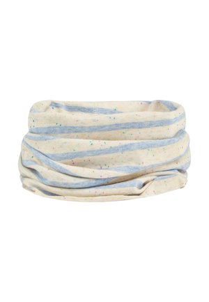 Cream-colored fabric neck gaiter with light blue stripes and multicolored specks, shown folded against white background.