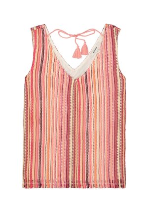 Débardeur à bretelles fines avec encolure en V et rayures verticales dans des nuances de rose, orange et crème. Fini avec des liens à pompons dans le dos. Tissu en mélange de coton.