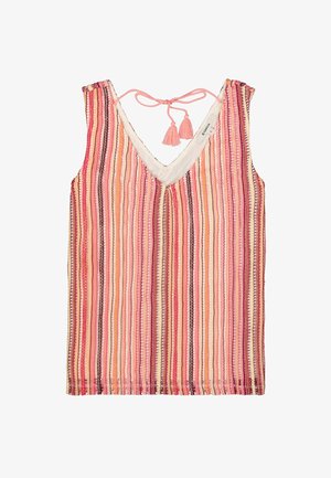 Débardeur à bretelles fines avec encolure en V et rayures verticales dans des nuances de rose, orange et crème. Fini avec des liens à pompons dans le dos. Tissu en mélange de coton.