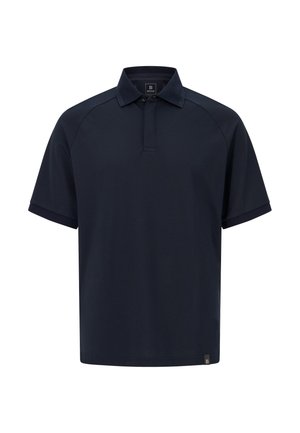 Polo shirt blu navy realizzato in tessuto liscio, con colletto classico, maniche raglan corte e un'etichetta del marchio discreta in basso a sinistra.