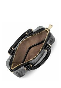 Borsa a mano in pelle nera con texture a coccodrillo, zip dorata e due manici corti. L'interno è in tessuto marrone con un compartimento diviso.