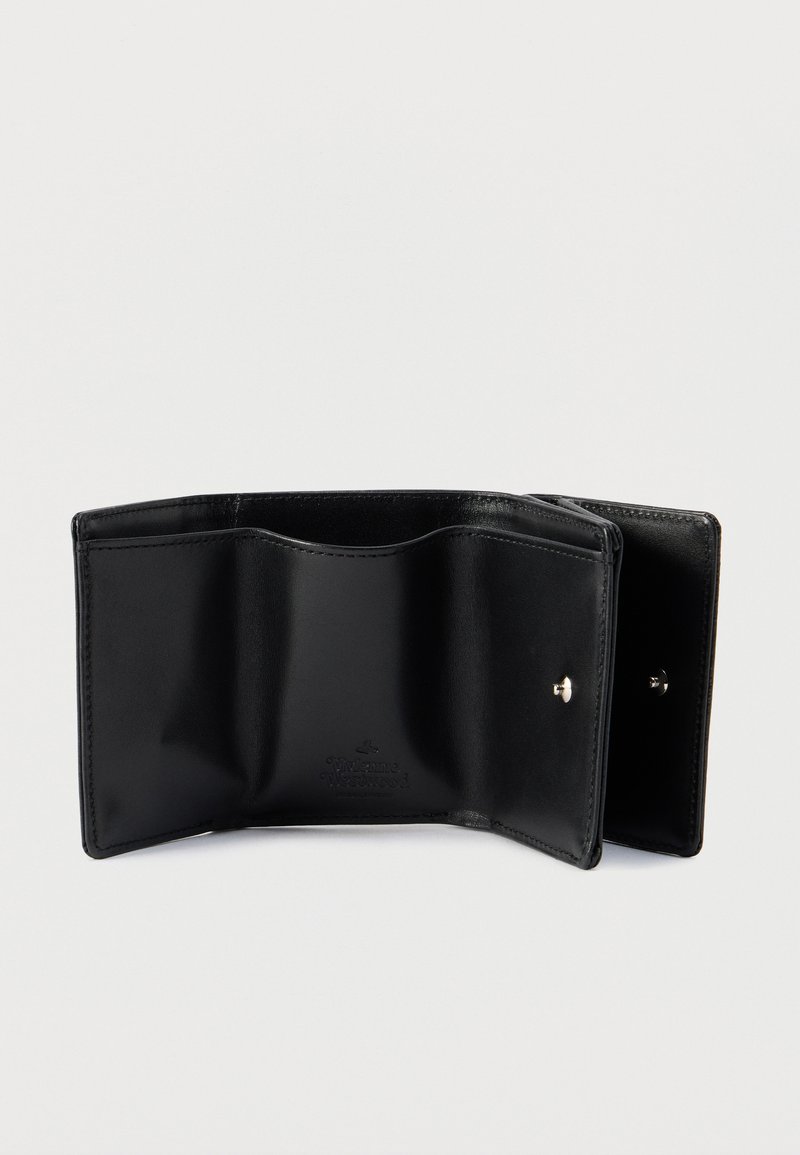 Black leather wallet open, showing main compartment and snap button coin pocket inside against plain background.