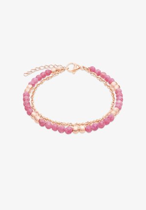 Doppelsträngiges Armband mit rosa facettierten Perlen und roségoldenen Ketten, ausgestattet mit einem Karabinerverschluss und verstellbarer Verlängerungskette.