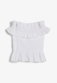 Top blanco off-the-shoulder con trim rizado, corsé fruncido y dobladillo acampanado. Hecho de una tela ligera, que muestra una superficie texturizada.