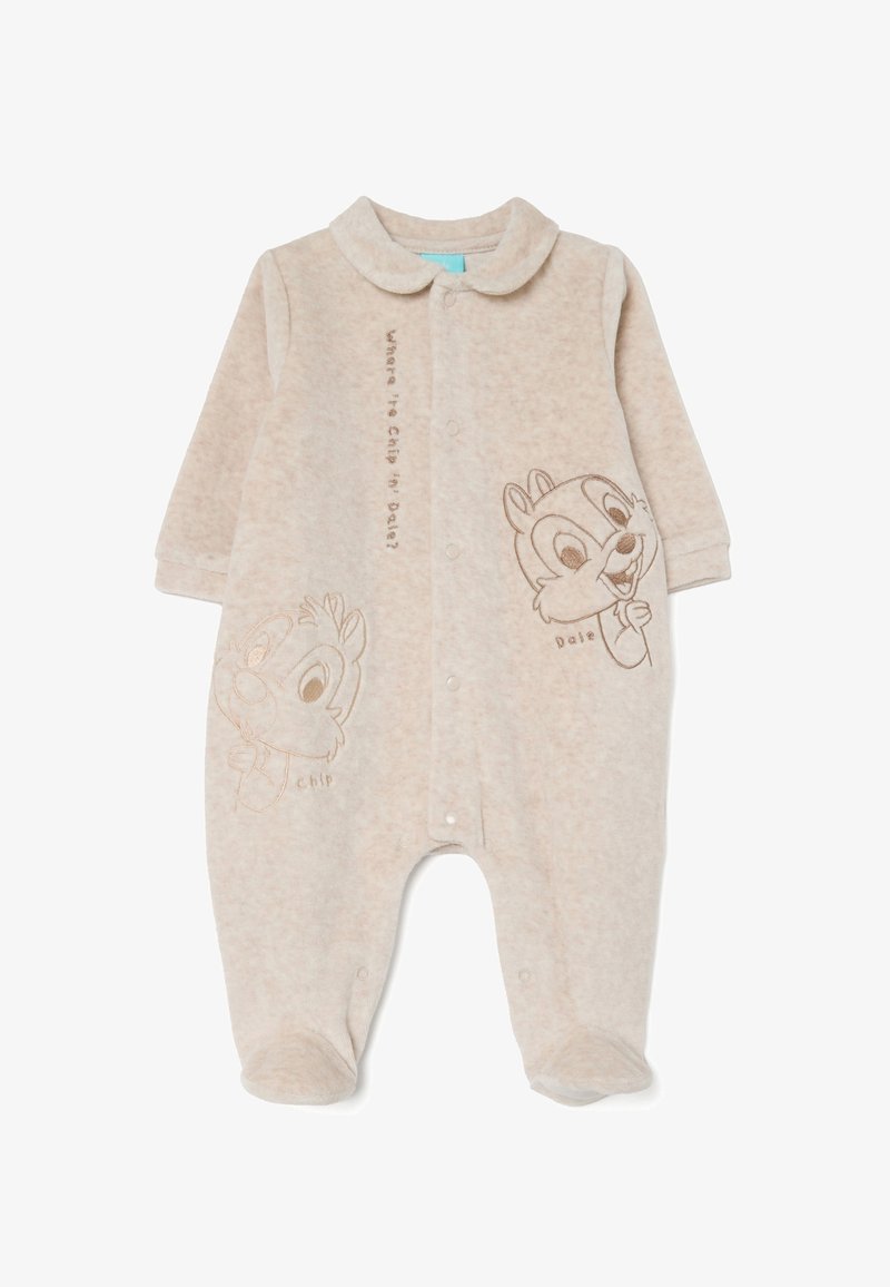 Mono de color beige hecho de tela suave, con imágenes bordadas de dos ardillas de dibujos animados y texto. Botones a presión y un cuello camisero.