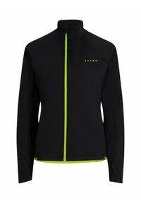 Zwarte jas met hoge kraag, rits aan de voorkant en neon groene accenten. Heeft een gestroomlijnd ontwerp; lichtgewicht, rekbaar materiaal.