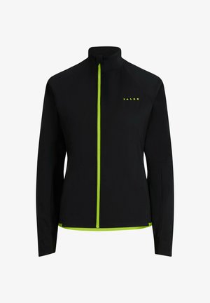 Zwarte jas met hoge kraag, rits aan de voorkant en neon groene accenten. Heeft een gestroomlijnd ontwerp; lichtgewicht, rekbaar materiaal.