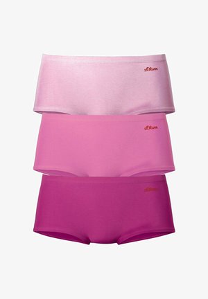 Kolm paari puuvillaseid hipster-aluspükse erinevates roosa toonides, sujuva tekstuuri ja õmmeldud äärega, igaühel väike logo.