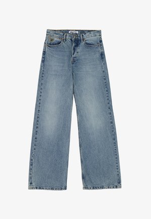 Lichtblauwe wijde jeans van denim, met vijf zakken, een knoopsluiting en subtiele wassing voor textuur.