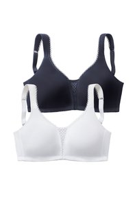 Two bras, one navy and one white, with smooth fabric and lace accents. Both feature adjustable straps and a soft, seamless design.