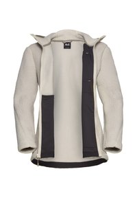 Veste en polaire de couleur blanc cassé avec un extérieur texturé. Présente un devant ouvert et des poches zippées cachées en tissu noir contrastant.