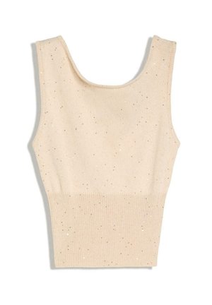 Cremefarbenes, gestricktes ärmelloses Crop-Top mit breiten Trägern und dezent verstreutem Pailletten-Glitzerdetail.