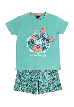 Conjunto infantil de camiseta de manga corta y pantalones cortos en color azul verdoso, con Stitch con gafas de sol y patrones de hojas tropicales, junto con el texto "Hoy no, estoy ocupado en modo vacaciones."