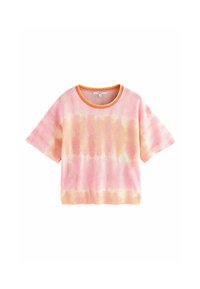 Kurzärmliges, lockeres T-Shirt im pinken und gelben Batikmuster mit Rundhalsausschnitt und kontrastierendem orangefarbenen Rand. Weicher Stoff.