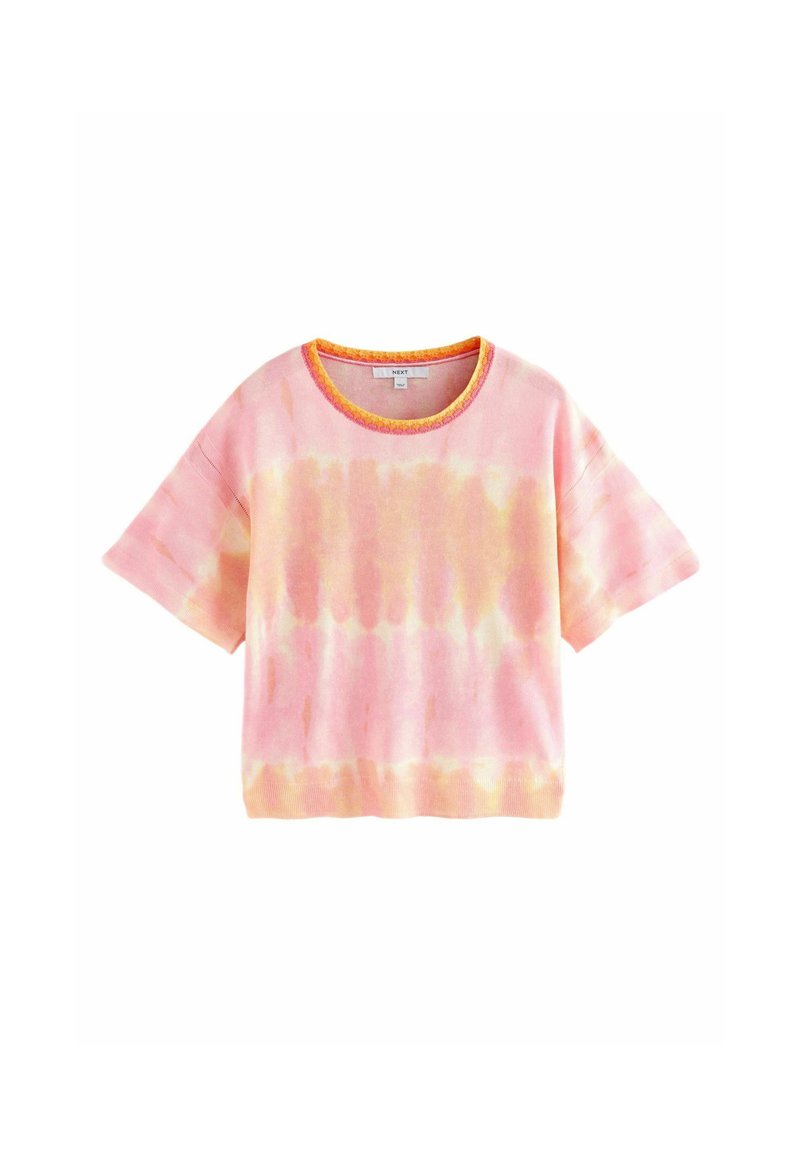 Kurzärmliges, lockeres T-Shirt im pinken und gelben Batikmuster mit Rundhalsausschnitt und kontrastierendem orangefarbenen Rand. Weicher Stoff.