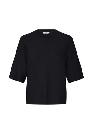 Fekete rövid ujjú kötött felső kerek nyakkal, bordázott mandzsettával és szegéllyel.