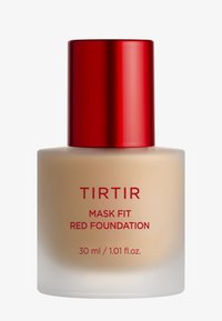 TIRTIR Mask Fit Red Foundation, 30 ml, features a frosted glass bottle and a glossy red cap. Text in bold red indicates product details.