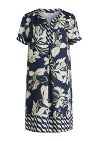 Námořnické šaty s krátkým rukávem, květinový vzor v krémové a zelené barvě, výstřih do V a pruhovaný detail na lemu. Hladká textura látky.