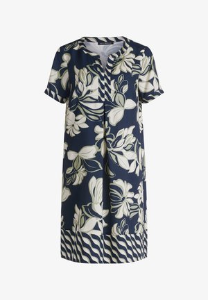 Robe marine à manches courtes, motif floral en crème et vert, décolleté en V et détail de bas rayé. Texture de tissu lisse.