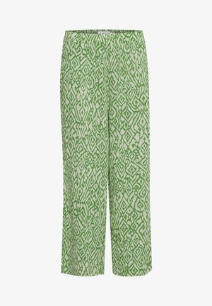 Green patterned pants featuring an abstract design with geometric shapes on a light background. Fabric has a smooth texture and straight cut.