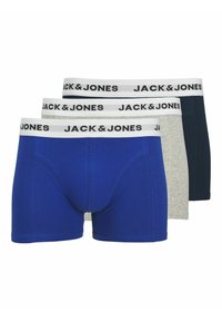 Tres pares de calzoncillos tipo boxers: azul, gris y azul marino oscuro. Cada uno tiene una cinturilla blanca con "JACK & JONES" impresa en negro. Tejido suave y elástico.